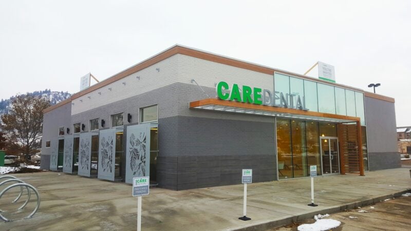 Exterior view of Care Dental clinic in Kelowna with modern design.