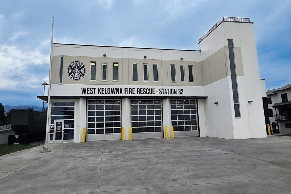 West Kelowna Fire Rescue Station 32 building exterior in daylight.